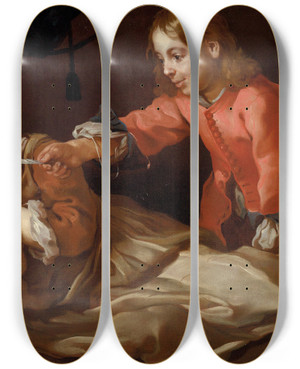 Triptych art skateboard deck of Bernhard Keil Sleeping Girl With Two Children Playing by Bernhard Keil (1624-1687)