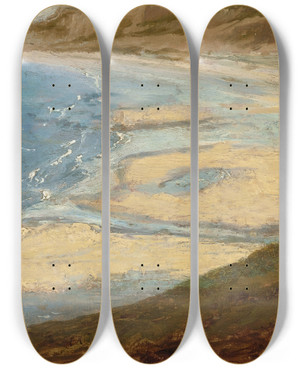 Triptych art skateboard deck of Thodore Rousseau Plage Prs Du Montsaintmichel by Theodore Rousseau (1812-1867)
