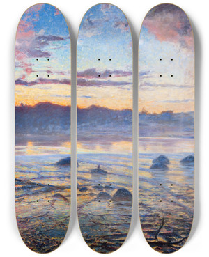 Triptych art skateboard deck of Axel Fahlcrantz Evening At Motala River by Axel Fahlcrantz