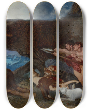 Triptych art skateboard deck of Rudolf Jettmar Fighting With A Monster by Rudolf Jettmar (1869-1939)