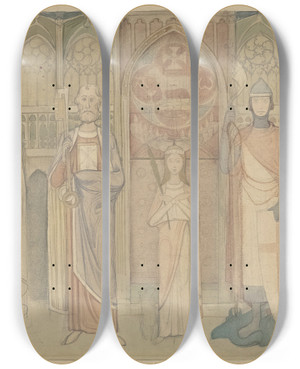 Triptych art skateboard deck of Antoon Derkinderen Ontwerp Voor De Tweede Bossche Wand Zeven Staande Heiligen_2 by Antoon Derkinderen (1859-1925)