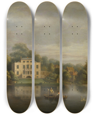 Triptych art skateboard deck of Joseph Nickolls Popes Villa Twickenham by Joseph Nickolls (1713-1755)