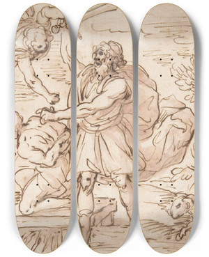 Triptych art skateboard deck of Domenico Gargiulo Abraham About To Sacrifice Isaac by Domenico Gargiulo (1609-1675)
