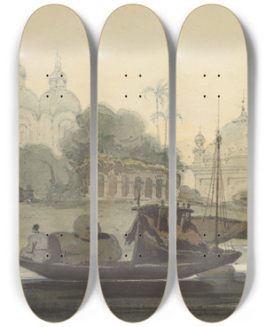 Triptych art skateboard deck of George Chinnery A River In Ceylon by George Chinnery (1774-1852)