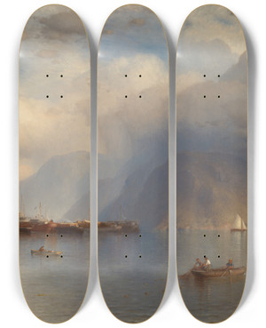 Triptych art skateboard deck of Samuel Colman Storm King On The Hudson by Samuel Colman (1832-1920)