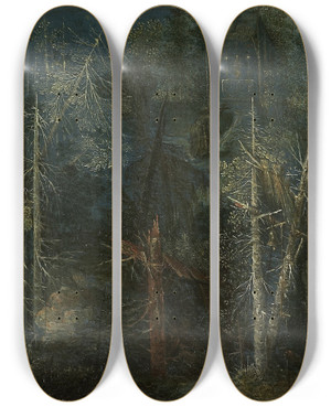 Triptych art skateboard deck of Pieter Stevens Woodland Scenery With Hermitage by Pieter Stevens (1567-1624)