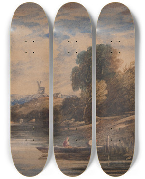 Triptych art skateboard deck of Cornelius Varley Landscape With Windmill by Cornelius Varley (1781-1873)