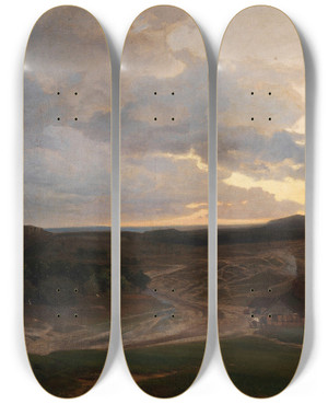 Triptych art skateboard deck of Valentin Ruths Abendstimmung In Der Heide by Valentin Ruths (1825-1905)