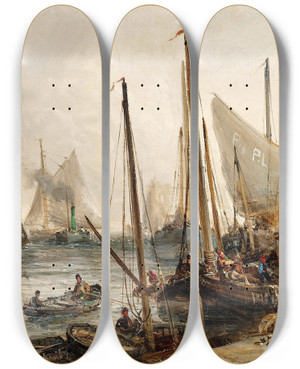 Triptych art skateboard deck of William Edward Webb Fishermen In The Harbour by William Edward Webb