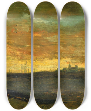 Triptych art skateboard deck of Edward Mitchell Bannister Sunset Scene by Edward Mitchell Bannister (1828-1901)