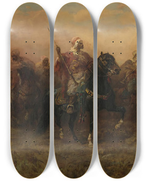 Triptych art skateboard deck of Adolf Schreyer Bedouin Riders by Adolf Schreyer (1828-1899)