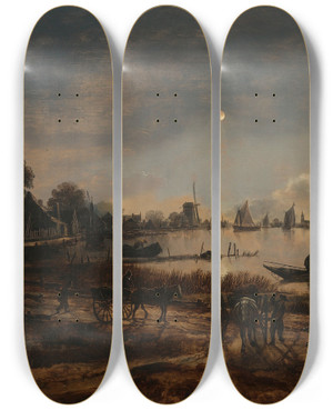 Triptych art skateboard deck of Aert Van Der Neer River View By Moonlight by Aert van der Neer (1603-1677)