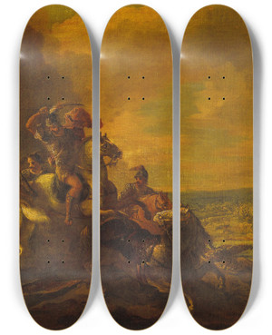 Triptych art skateboard deck of Follower Of Salvator Rosa A Cavalry Battle Scene by Follower Of Salvator Rosa (1615-1673)