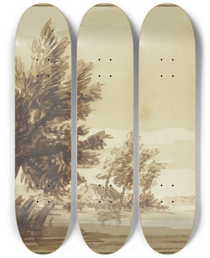 Triptych art skateboard deck of Hendrik Spilman Flugegend Rechts Ein Kran Links Ein Weidenbaum by Hendrik Spilman (1721-1784)
