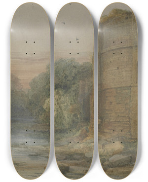 Triptych art skateboard deck of Richard Leitch Ruins By A Stream by Richard Nitsch