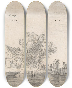 Triptych art skateboard deck of Jan Van Goyen A River Estuary by Jan Van Goyen (1596-1656)