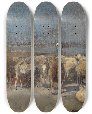 Triptych art skateboard deck of Eugen Jettel Schafherde Am Abend by Eugen Jettel (1845-1901)