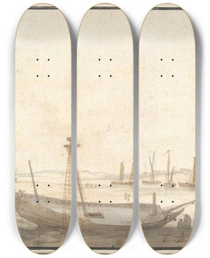 Triptych art skateboard deck of Abraham De Verwer Beach With Ships Nearscheveningen by Abraham de Verwer (1585-1650)
