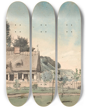 Triptych art skateboard deck of P C Skovgaard Kystlandskab Med Strtkte Huse by P C Skovgaard (1817-1875)
