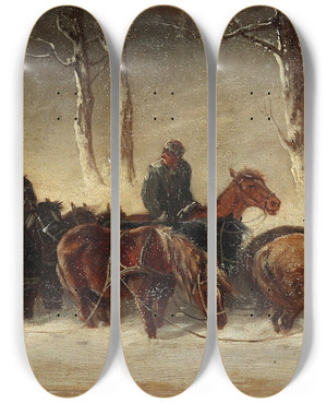 Triptych art skateboard deck of Alfred Steinacker Auspannen Des Pferdeschlitten by Alfred Steinacker (1838-1914)