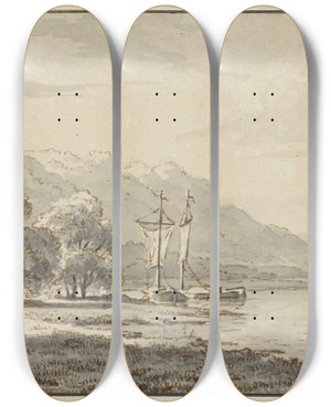 Triptych art skateboard deck of George Andries Roth Rivierlandschap by George Andries Roth (1809-1887)