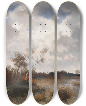 Triptych art skateboard deck of Josef Wenglein Mooslandschaft Im Herbst by Josef Wenglein (1845-1919)