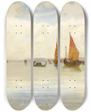 Triptych art skateboard deck of Vincenzo Cabianca On The Lagoon Venice by Vincenzo Cabianca (1827-1902)