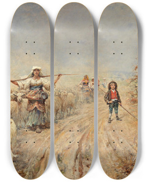 Triptych art skateboard deck of Rafael Senet Y Perez Heimkehr Der Herde by Rafael Senet Y Perez (1856-1926)