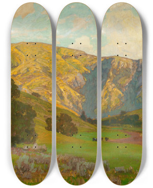 Triptych art skateboard deck of William Wendt Meadow With Distant Hills by William Wendt (1865-1946)
