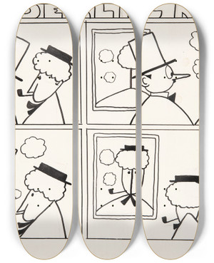 Triptych art skateboard deck of Robert Storm Petersen Et Blad Af Serien En Underlig Mand by Robert Storm Petersen (1882-1949)