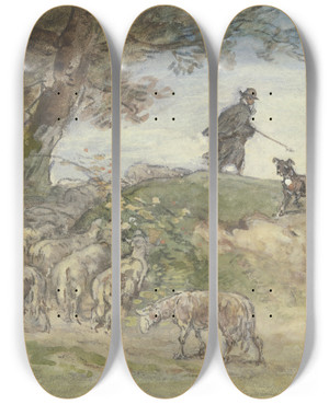 Triptych art skateboard deck of Anton Burger Schafherde Im Sturm Unter Einem Baum by Anton Burger (1824-1905)