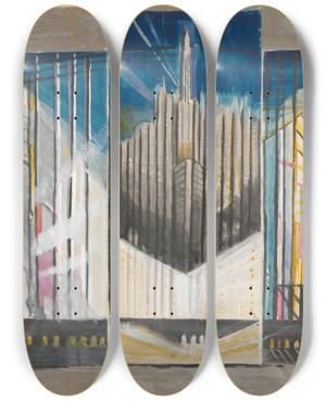 Triptych art skateboard deck of Joseph Stella Study For New Yorkinterpreted by Joseph Stella (1877-1946)