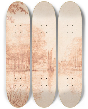 Triptych art skateboard deck of Abraham Rutgers River Scene by Abraham Rutgers (1632-1699)