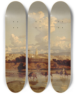 Triptych art skateboard deck of Prosper Marilhat In An Oriental Landscape A Caravan Moves Through A River by Prosper Marilhat (1811-1847)