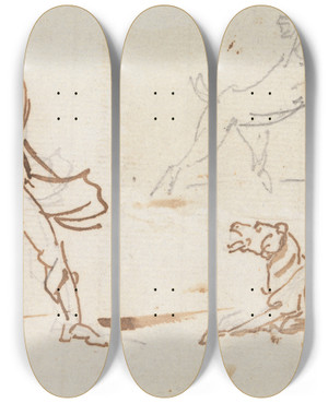 Triptych art skateboard deck of George Chinnery A Man Throwing A Ball To A Dog by George Chinnery (1774-1852)