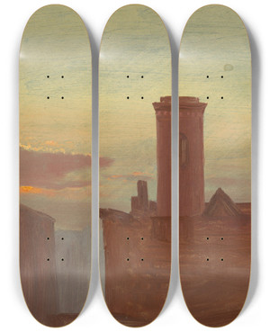Triptych art skateboard deck of Frederic Edwin Church Housetops by Frederic Edwin Church (1826-1900)