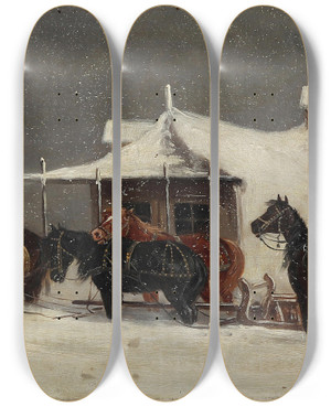 Triptych art skateboard deck of Alfred Steinacker Kutsche Bei Scheegestber by Alfred Steinacker (1838-1914)
