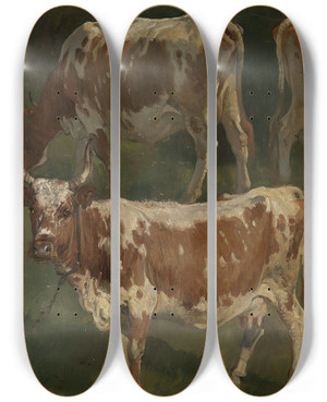 Triptych art skateboard deck of Anders Askevold Study Of Cows_2 by Anders Askevold (1834-1900)