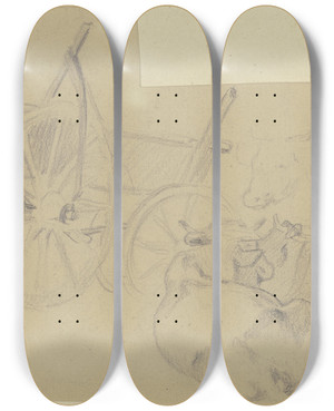 Triptych art skateboard deck of Teutwart Schmitson Studienblatt Wagen Mit Drei Khen by Teutwart Schmitson (1830-1863)