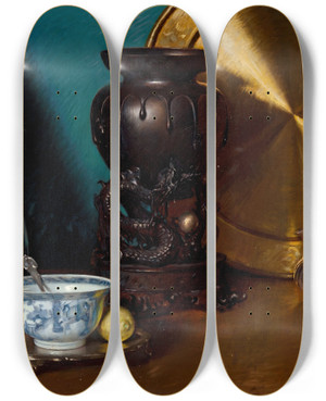 Triptych art skateboard deck of Bernard Hall After Dinner by Bernard Hall (1859-1935)