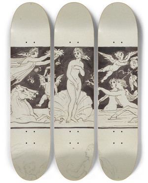 Triptych art skateboard deck of Moritz Von Schwind Geburt Der Aphrodite by Moritz Von Schwind (1804-1871)