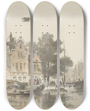Triptych art skateboard deck of Adrianus Eversen Stadsgezicht Met Kanaal by Adrianus Eversen (1818-1897)