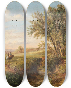 Triptych art skateboard deck of Marinus Adrianus Koekkoek Riders In A Vast Landscape by Marinus Adrianus Koekkoek (1807-1868)