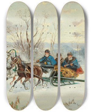 Triptych art skateboard deck of Alfred Steinacker Jagd In Winterlicher Landschaft by Alfred Steinacker (1838-1914)