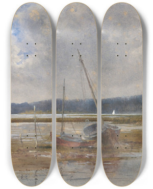 Triptych art skateboard deck of Charles Parsons River Scene With Strandedboats by Charles Parsons (1821-1910)