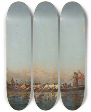 Triptych art skateboard deck of Flix Ziem Constantinople Le Caque De La Sultane by Felix Ziem (1821-1911)