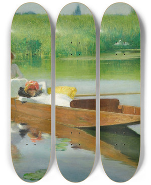 Triptych art skateboard deck of Arthur Hacker Punting On The Thames by Arthur Hacker (1858-1919)