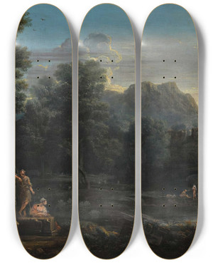 Triptych art skateboard deck of John Wootton A Wooded Classical Landscape With Figures Resting In The Foreground And Bathing In The River A Town Beyond by John Wootton (1686-1765)