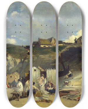 Triptych art skateboard deck of Carl Spitzweg Woman Bath In Dieppe I by Carl Spitzweg (1808-1880)