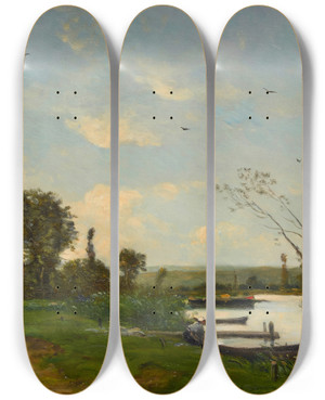 Triptych art skateboard deck of Hippolyte Camille Delpy A Path Along The River by Hippolyte Camille Delpy (1842-1910)